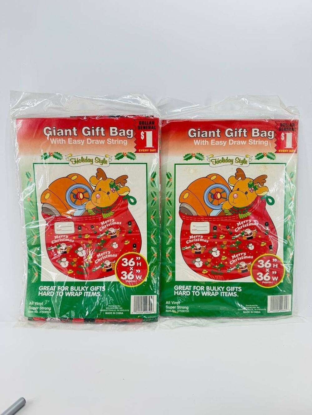 Vintage Holiday Style Giant Christmas Gift Bags 36x36 Drawstring NOS